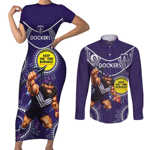 Custom AFL Dockers NAIDOC Week Couples Matching Short Sleeve Bodycon Dress and Long Sleeve Button Shirt Keep The Fire Burning Indigenous Art