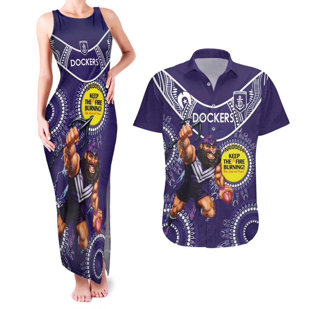 Custom AFL Dockers NAIDOC Week Couples Matching Tank Maxi Dress and Hawaiian Shirt Keep The Fire Burning Indigenous Art