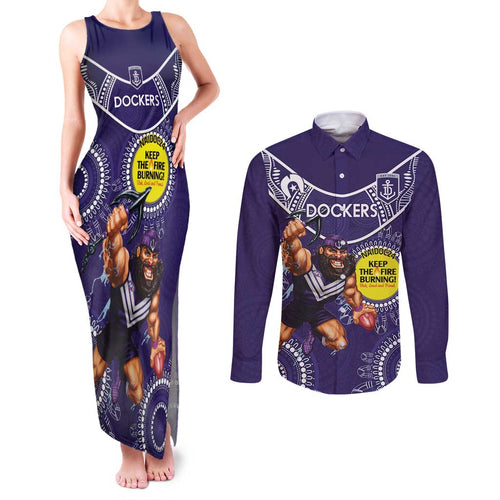 Custom AFL Dockers NAIDOC Week Couples Matching Tank Maxi Dress and Long Sleeve Button Shirt Keep The Fire Burning Indigenous Art