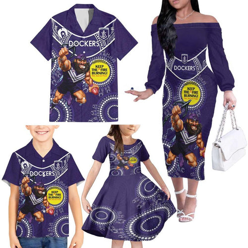 Custom AFL Dockers NAIDOC Week Family Matching Off The Shoulder Long Sleeve Dress and Hawaiian Shirt Keep The Fire Burning Indigenous Art
