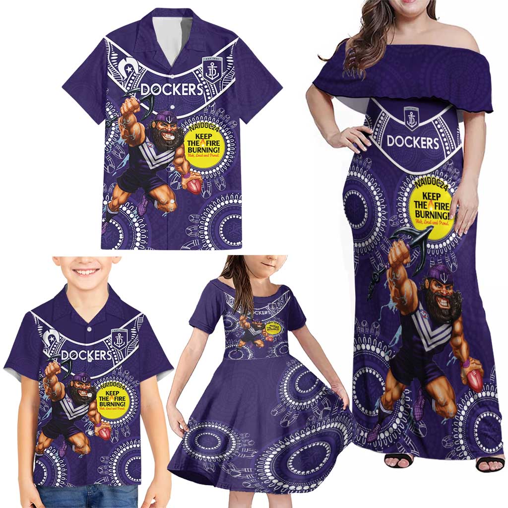 Custom AFL Dockers NAIDOC Week Family Matching Off Shoulder Maxi Dress and Hawaiian Shirt Keep The Fire Burning Indigenous Art