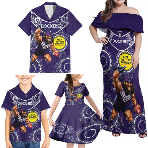 Custom AFL Dockers NAIDOC Week Family Matching Off Shoulder Maxi Dress and Hawaiian Shirt Keep The Fire Burning Indigenous Art