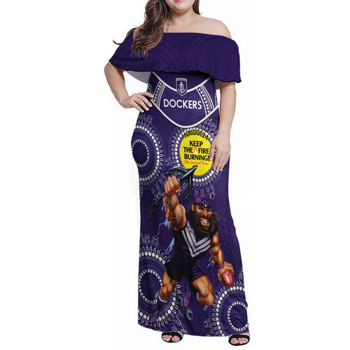 Custom AFL Dockers NAIDOC Week Family Matching Off Shoulder Maxi Dress and Hawaiian Shirt Keep The Fire Burning Indigenous Art