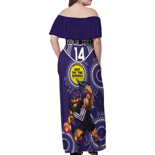 Custom AFL Dockers NAIDOC Week Family Matching Off Shoulder Maxi Dress and Hawaiian Shirt Keep The Fire Burning Indigenous Art