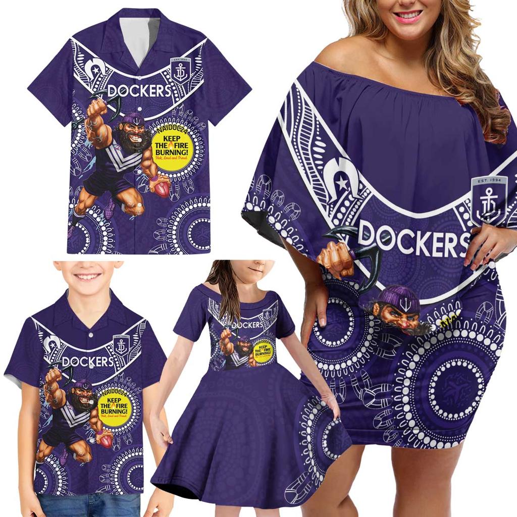 Custom AFL Dockers NAIDOC Week Family Matching Off Shoulder Short Dress and Hawaiian Shirt Keep The Fire Burning Indigenous Art
