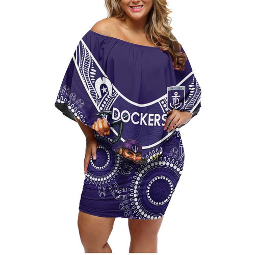 Custom AFL Dockers NAIDOC Week Family Matching Off Shoulder Short Dress and Hawaiian Shirt Keep The Fire Burning Indigenous Art