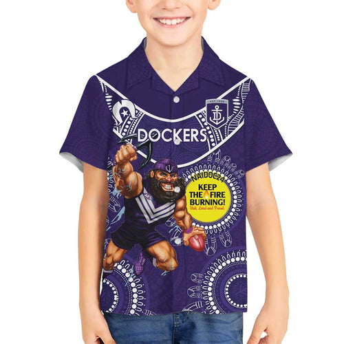 Custom AFL Dockers NAIDOC Week Family Matching Off Shoulder Short Dress and Hawaiian Shirt Keep The Fire Burning Indigenous Art
