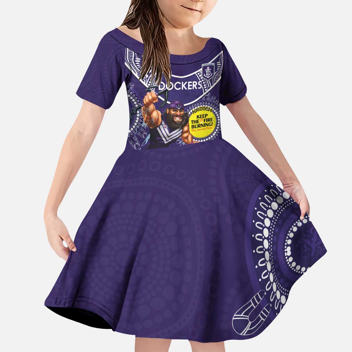 Custom AFL Dockers NAIDOC Week Kid Short Sleeve Dress Keep The Fire Burning Indigenous Art