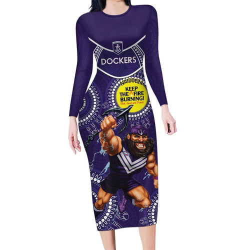 Custom AFL Dockers NAIDOC Week Long Sleeve Bodycon Dress Keep The Fire Burning Indigenous Art