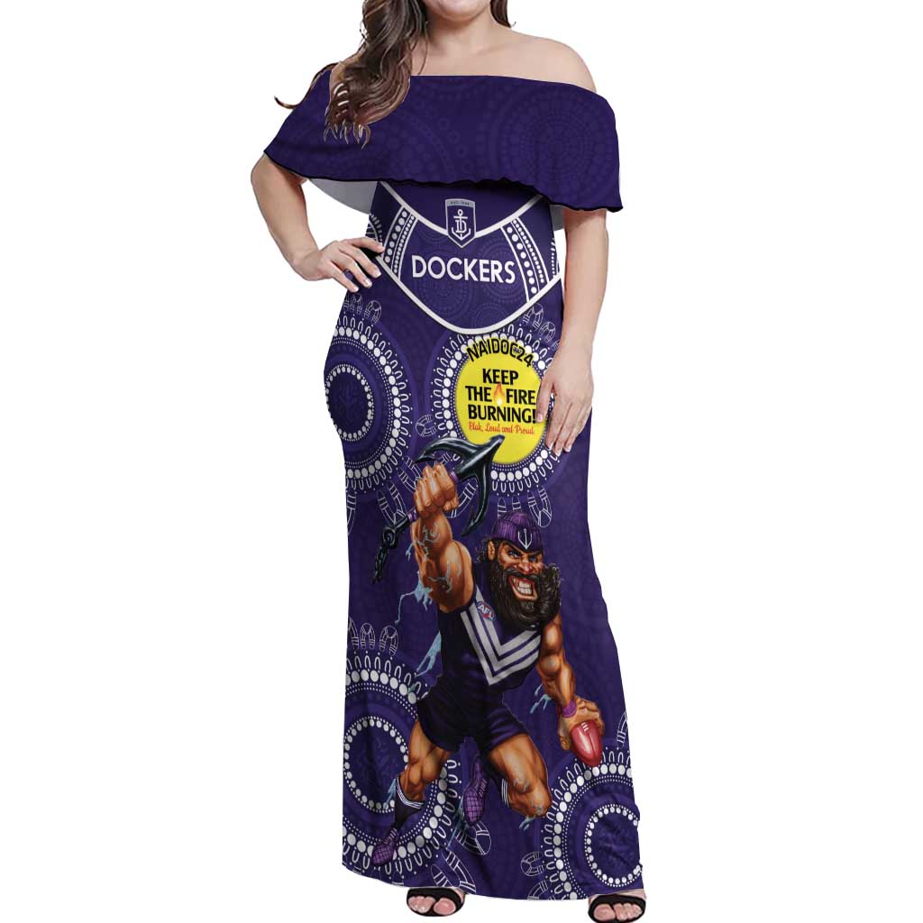 Custom AFL Dockers NAIDOC Week Off Shoulder Maxi Dress Keep The Fire Burning Indigenous Art