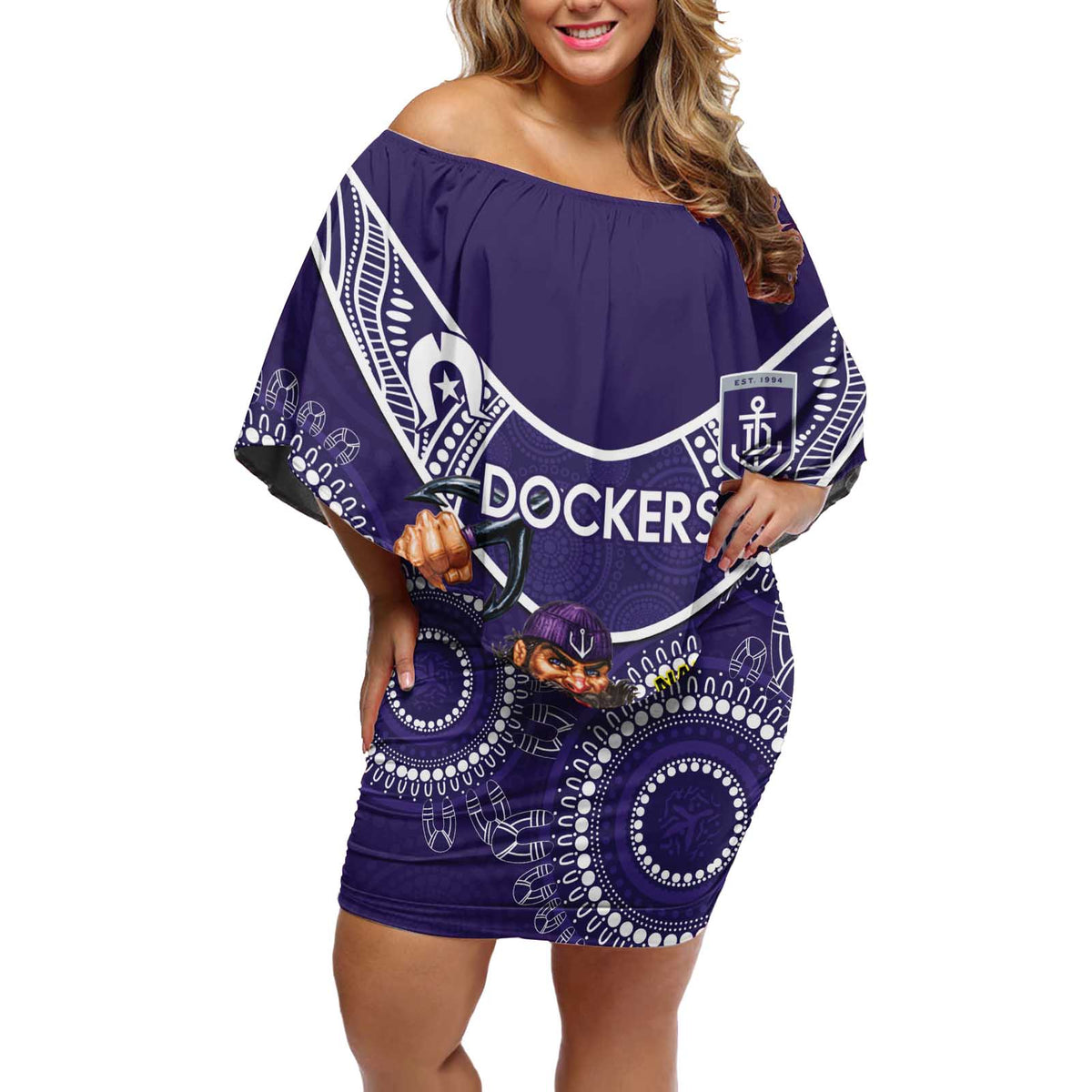 Custom AFL Dockers NAIDOC Week Off Shoulder Short Dress Keep The Fire Burning Indigenous Art