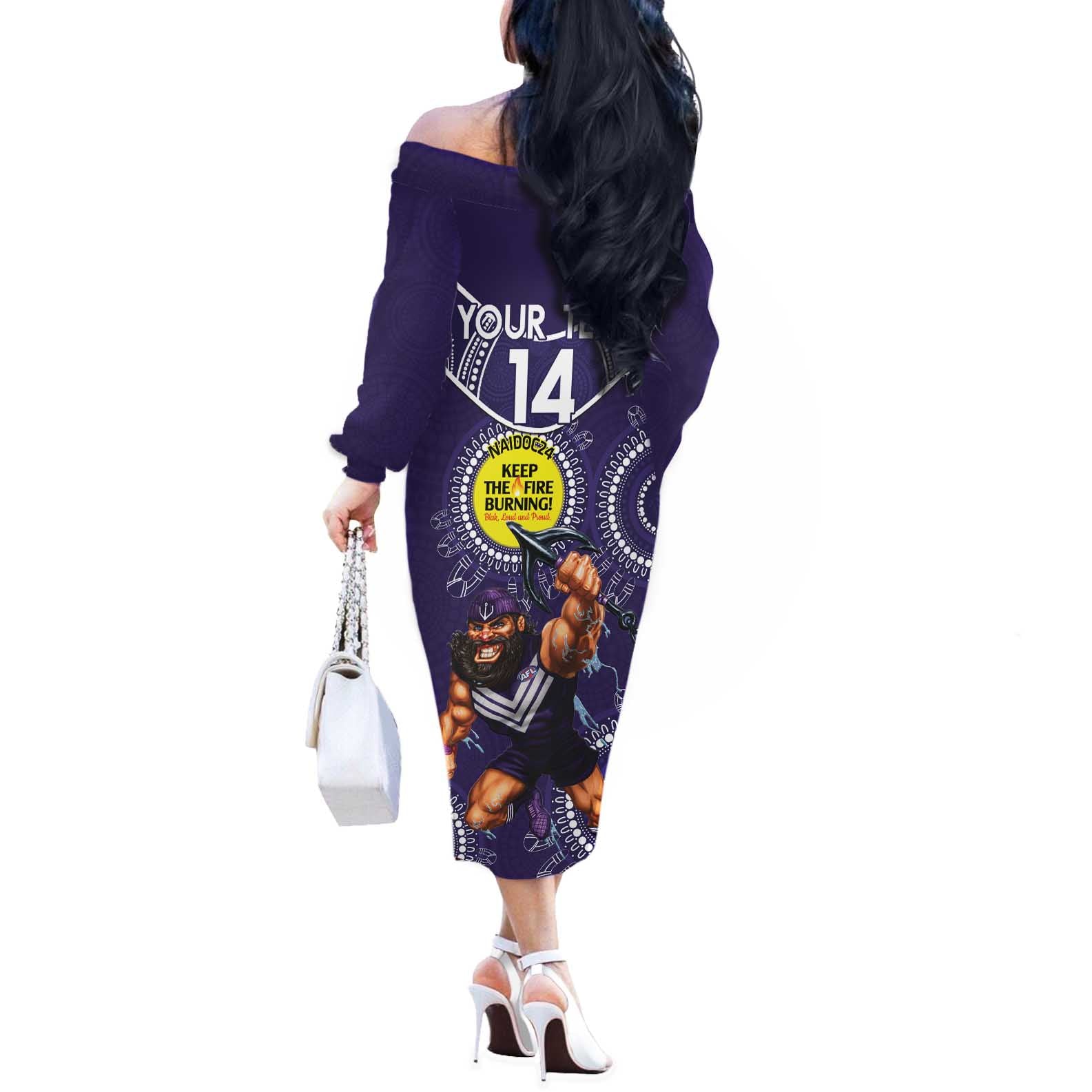 Custom AFL Dockers NAIDOC Week Off The Shoulder Long Sleeve Dress Keep The Fire Burning Indigenous Art
