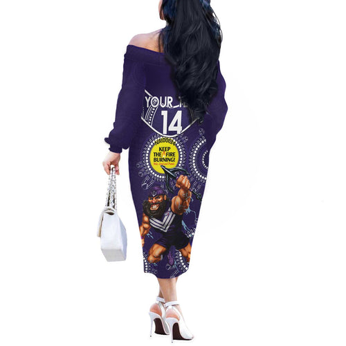 Custom AFL Dockers NAIDOC Week Off The Shoulder Long Sleeve Dress Keep The Fire Burning Indigenous Art