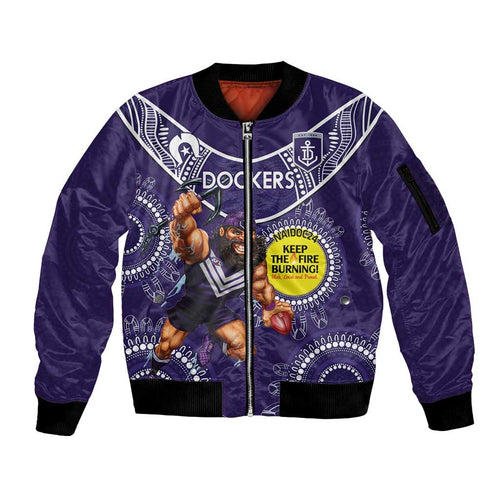 Custom AFL Dockers NAIDOC Week Sleeve Zip Bomber Jacket Keep The Fire Burning Indigenous Art