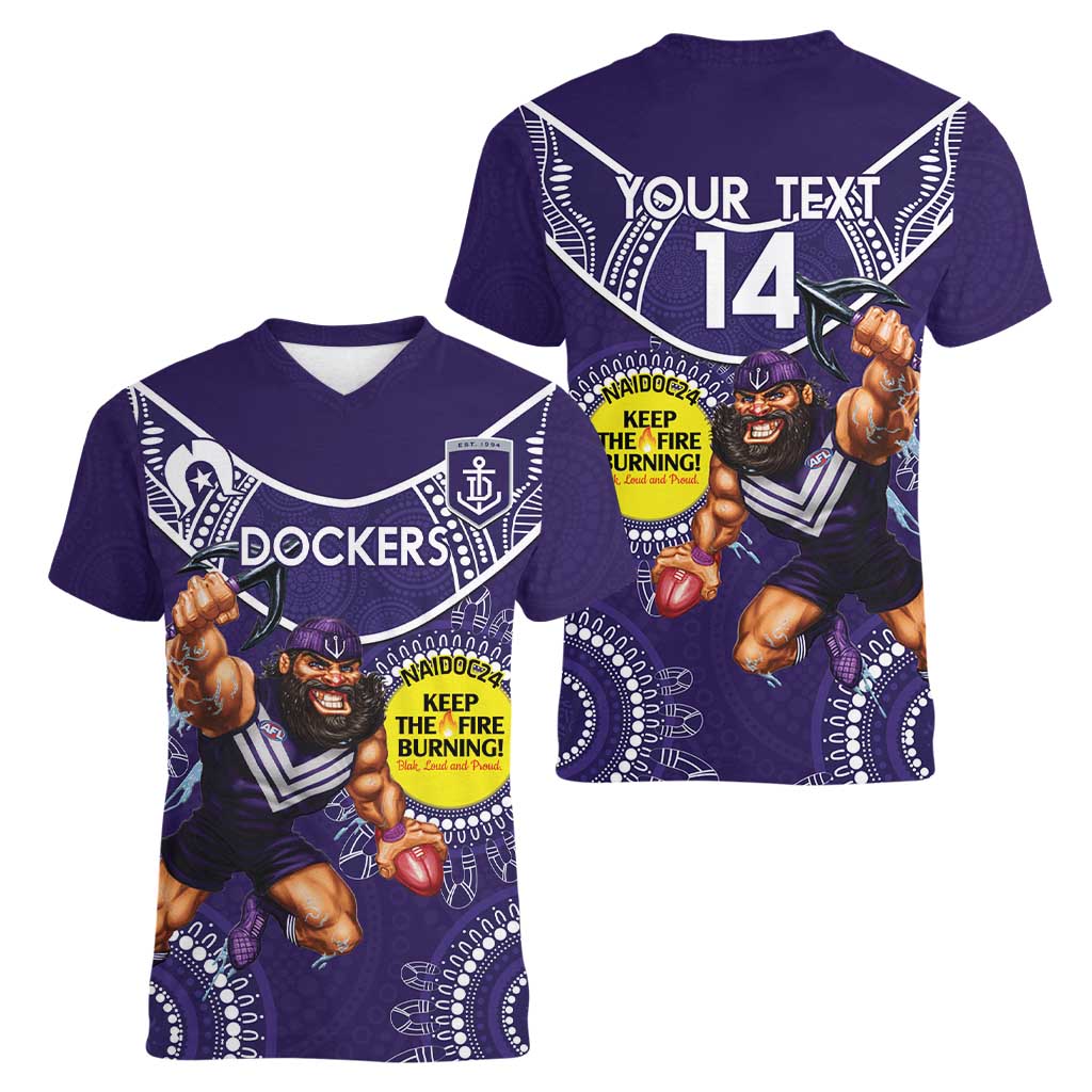 Custom AFL Dockers NAIDOC Week Women V-Neck T-Shirt Keep The Fire Burning Indigenous Art