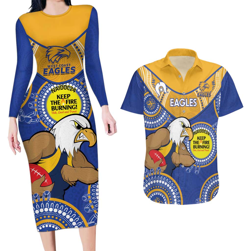 Custom AFL Eagles  NAIDOC Week Couples Matching Long Sleeve Bodycon Dress and Hawaiian Shirt Keep The Fire Burning Indigenous Art