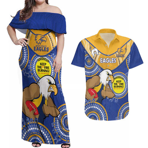 Custom AFL Eagles  NAIDOC Week Couples Matching Off Shoulder Maxi Dress and Hawaiian Shirt Keep The Fire Burning Indigenous Art