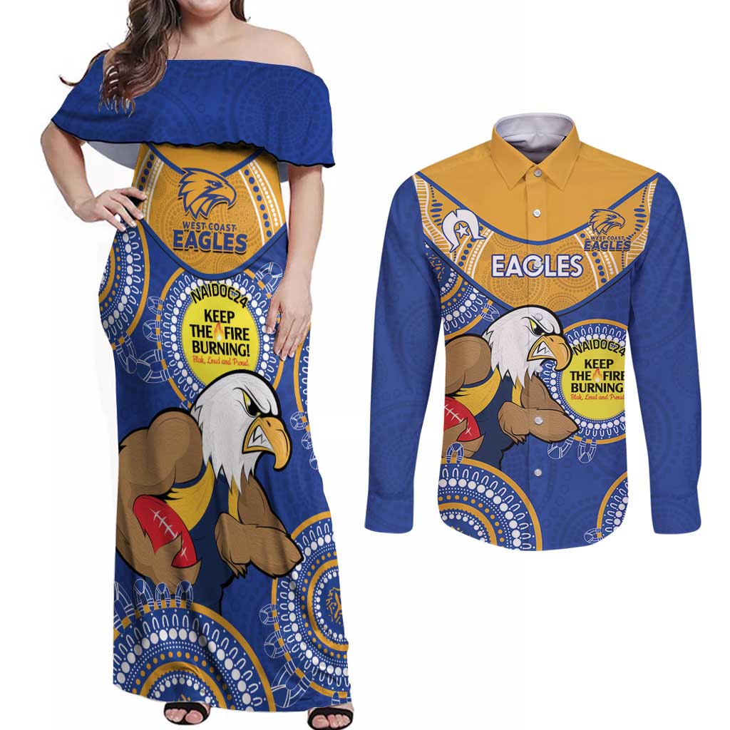Custom AFL Eagles  NAIDOC Week Couples Matching Off Shoulder Maxi Dress and Long Sleeve Button Shirt Keep The Fire Burning Indigenous Art