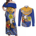 Custom AFL Eagles  NAIDOC Week Couples Matching Off Shoulder Maxi Dress and Long Sleeve Button Shirt Keep The Fire Burning Indigenous Art