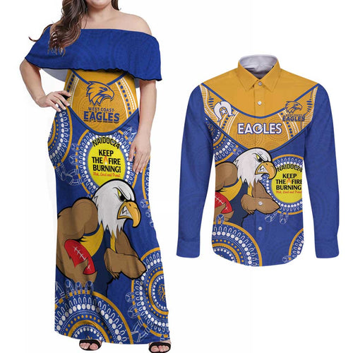 Custom AFL Eagles  NAIDOC Week Couples Matching Off Shoulder Maxi Dress and Long Sleeve Button Shirt Keep The Fire Burning Indigenous Art