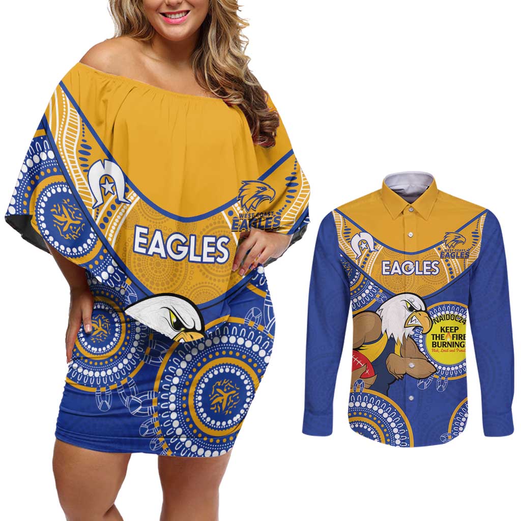 Custom AFL Eagles  NAIDOC Week Couples Matching Off Shoulder Short Dress and Long Sleeve Button Shirt Keep The Fire Burning Indigenous Art