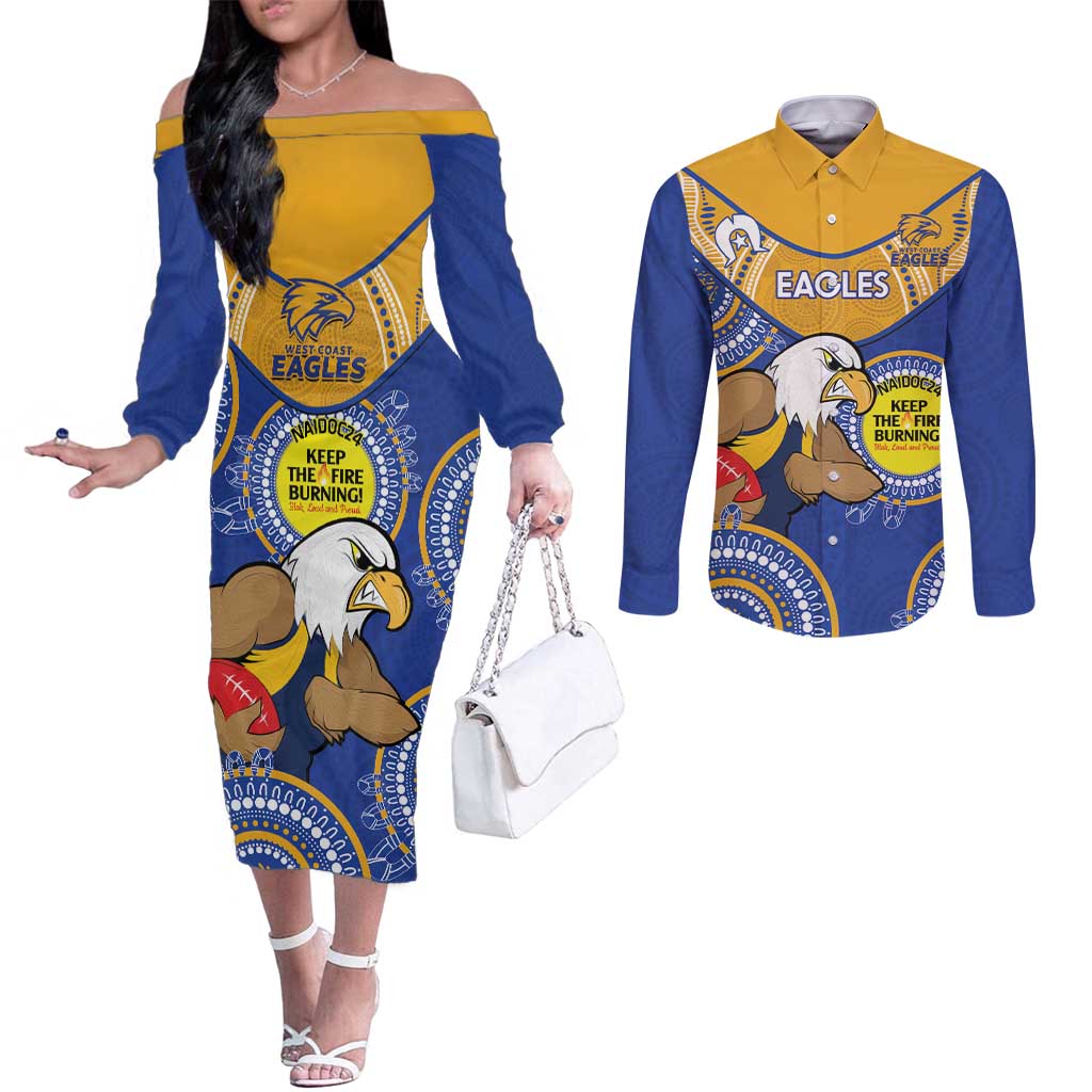 Custom AFL Eagles  NAIDOC Week Couples Matching Off The Shoulder Long Sleeve Dress and Long Sleeve Button Shirt Keep The Fire Burning Indigenous Art