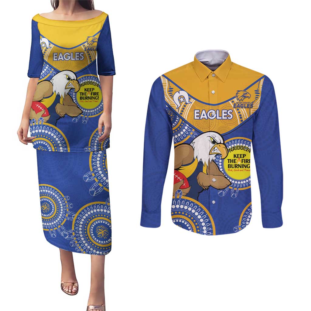 Custom AFL Eagles  NAIDOC Week Couples Matching Puletasi and Long Sleeve Button Shirt Keep The Fire Burning Indigenous Art