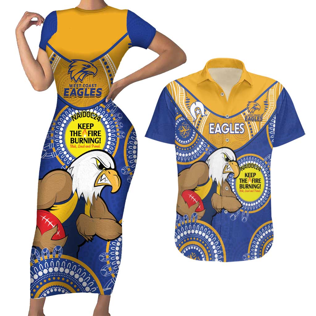 Custom AFL Eagles  NAIDOC Week Couples Matching Short Sleeve Bodycon Dress and Hawaiian Shirt Keep The Fire Burning Indigenous Art
