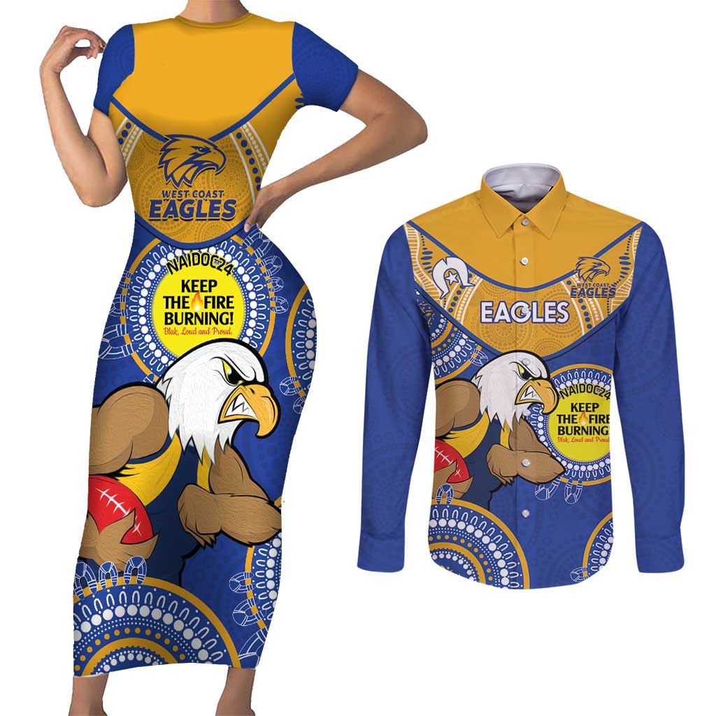 Custom AFL Eagles  NAIDOC Week Couples Matching Short Sleeve Bodycon Dress and Long Sleeve Button Shirt Keep The Fire Burning Indigenous Art