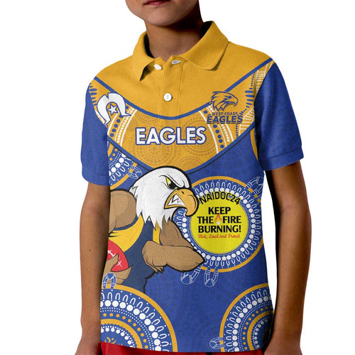 Custom AFL Eagles  NAIDOC Week Kid Polo Shirt Keep The Fire Burning Indigenous Art