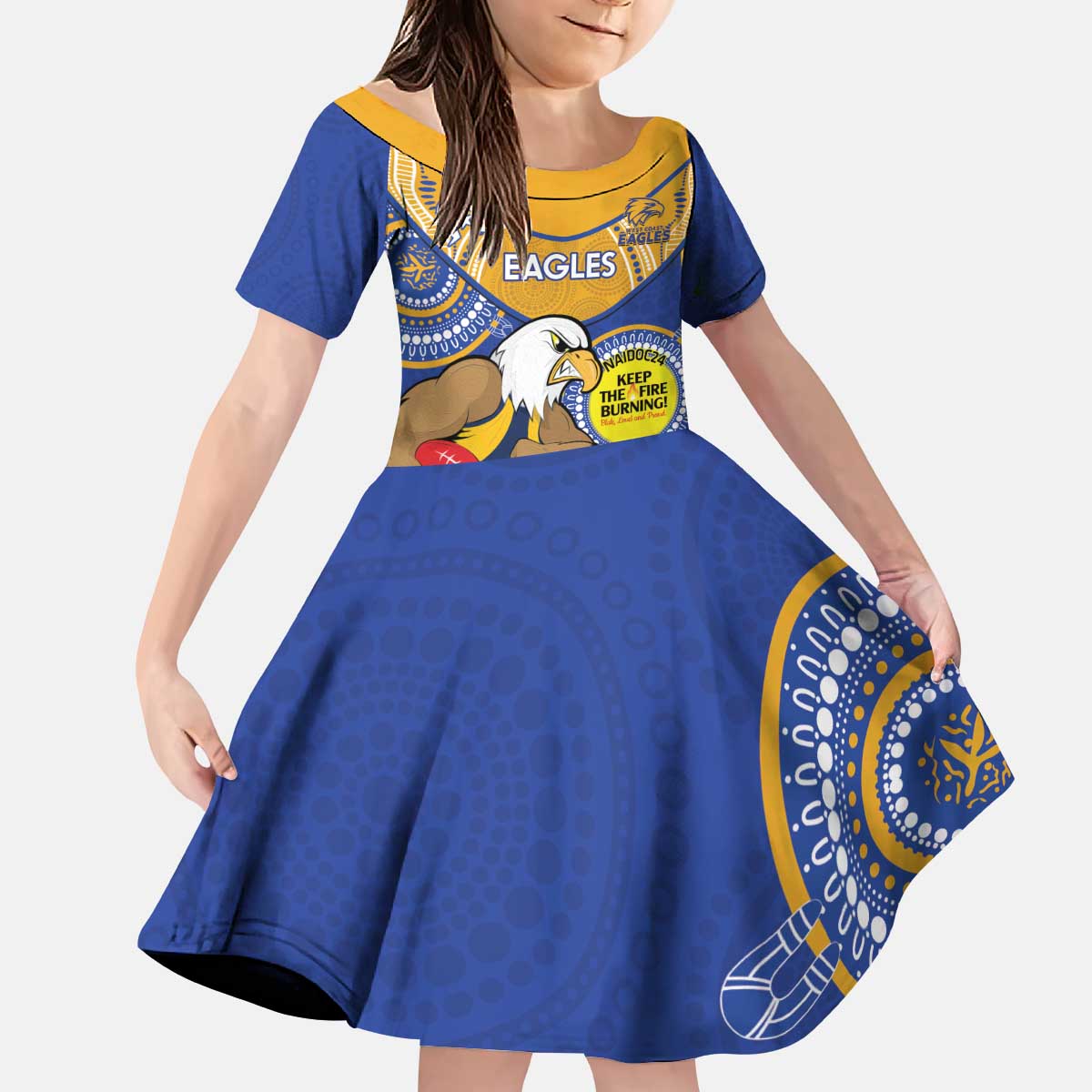 Custom AFL Eagles  NAIDOC Week Kid Short Sleeve Dress Keep The Fire Burning Indigenous Art