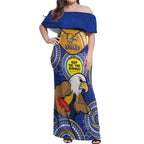Custom AFL Eagles  NAIDOC Week Off Shoulder Maxi Dress Keep The Fire Burning Indigenous Art