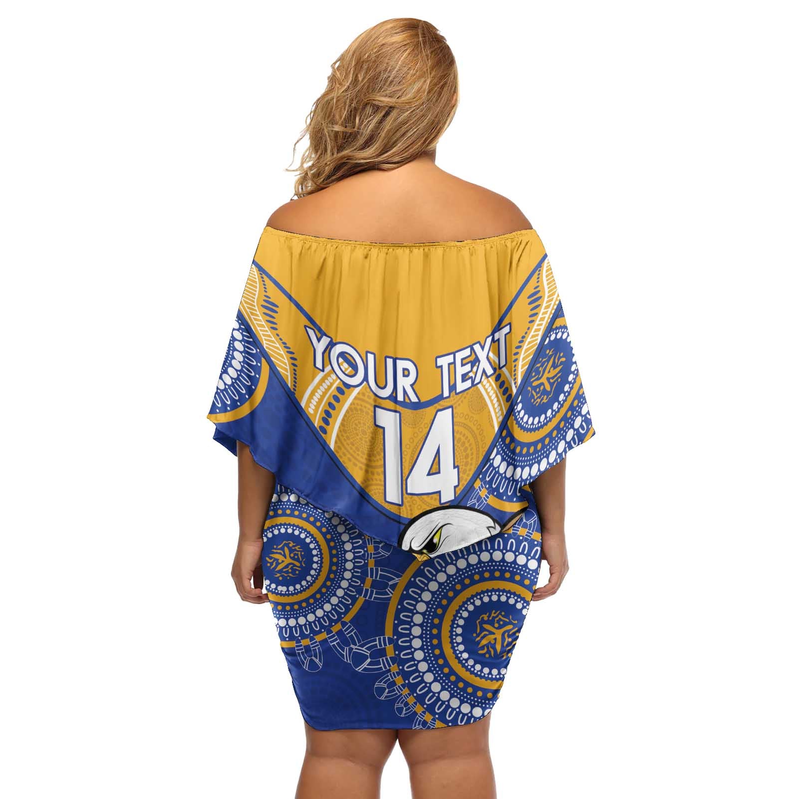 Custom AFL Eagles  NAIDOC Week Off Shoulder Short Dress Keep The Fire Burning Indigenous Art