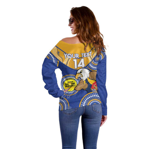 Custom AFL Eagles  NAIDOC Week Off Shoulder Sweater Keep The Fire Burning Indigenous Art