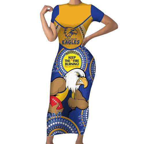 Custom AFL Eagles  NAIDOC Week Short Sleeve Bodycon Dress Keep The Fire Burning Indigenous Art