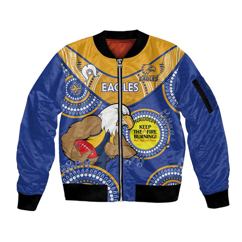 Custom AFL Eagles  NAIDOC Week Sleeve Zip Bomber Jacket Keep The Fire Burning Indigenous Art