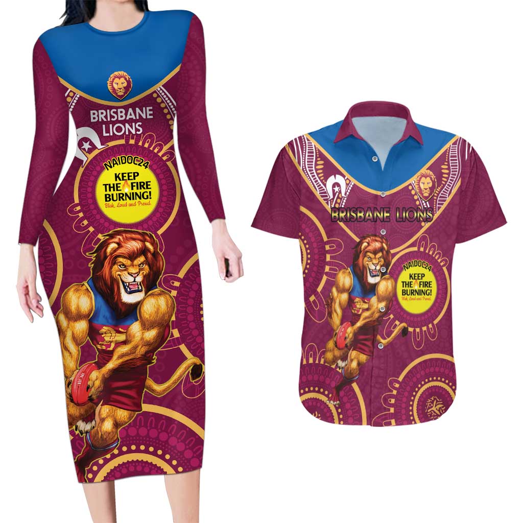 Custom AFL Brisbane Lions NAIDOC Week Couples Matching Long Sleeve Bodycon Dress and Hawaiian Shirt Keep The Fire Burning Indigenous Art