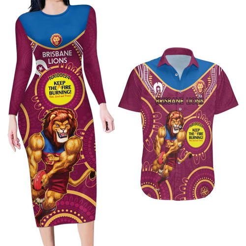 Custom AFL Brisbane Lions NAIDOC Week Couples Matching Long Sleeve Bodycon Dress and Hawaiian Shirt Keep The Fire Burning Indigenous Art
