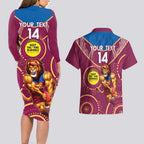 Custom AFL Brisbane Lions NAIDOC Week Couples Matching Long Sleeve Bodycon Dress and Hawaiian Shirt Keep The Fire Burning Indigenous Art
