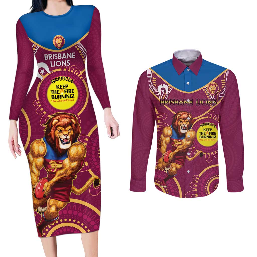 Custom AFL Brisbane Lions NAIDOC Week Couples Matching Long Sleeve Bodycon Dress and Long Sleeve Button Shirt Keep The Fire Burning Indigenous Art