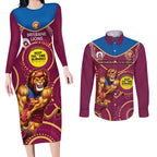 Custom AFL Brisbane Lions NAIDOC Week Couples Matching Long Sleeve Bodycon Dress and Long Sleeve Button Shirt Keep The Fire Burning Indigenous Art
