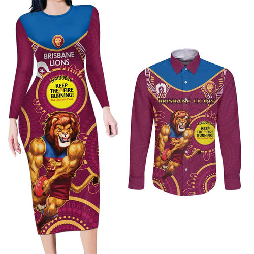 Custom AFL Brisbane Lions NAIDOC Week Couples Matching Long Sleeve Bodycon Dress and Long Sleeve Button Shirt Keep The Fire Burning Indigenous Art