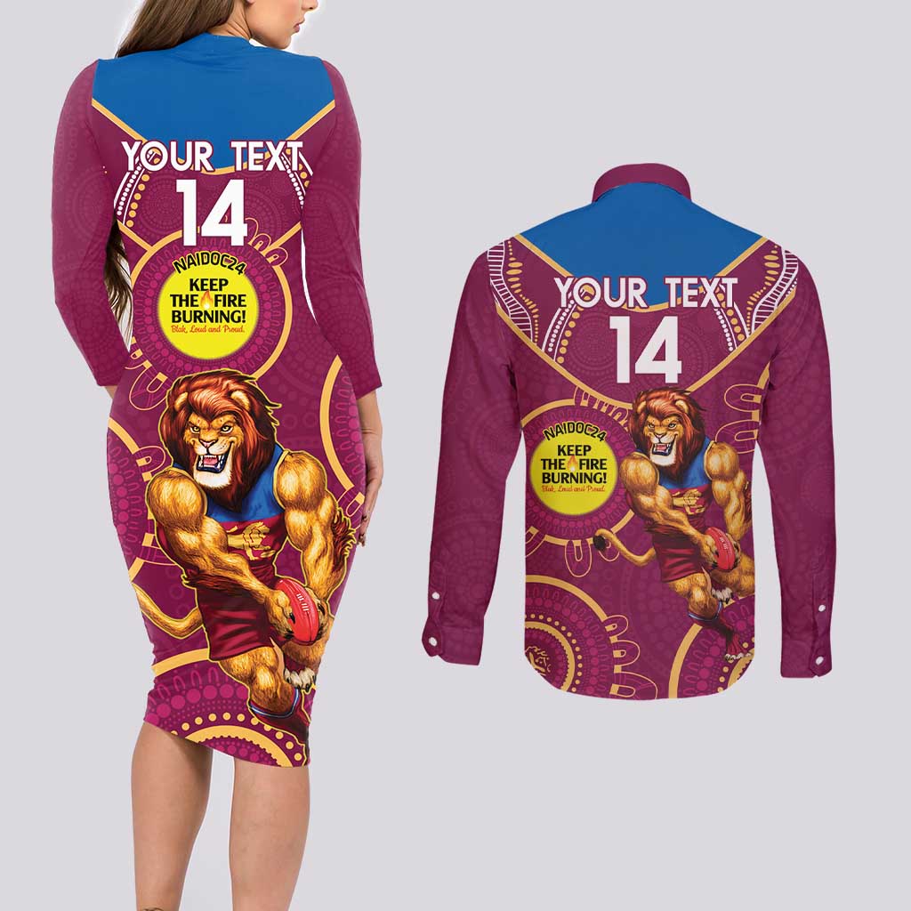 Custom AFL Brisbane Lions NAIDOC Week Couples Matching Long Sleeve Bodycon Dress and Long Sleeve Button Shirt Keep The Fire Burning Indigenous Art