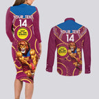 Custom AFL Brisbane Lions NAIDOC Week Couples Matching Long Sleeve Bodycon Dress and Long Sleeve Button Shirt Keep The Fire Burning Indigenous Art