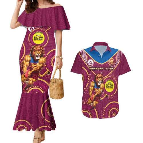 Custom AFL Brisbane Lions NAIDOC Week Couples Matching Mermaid Dress and Hawaiian Shirt Keep The Fire Burning Indigenous Art