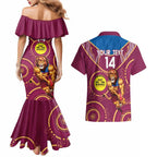 Custom AFL Brisbane Lions NAIDOC Week Couples Matching Mermaid Dress and Hawaiian Shirt Keep The Fire Burning Indigenous Art