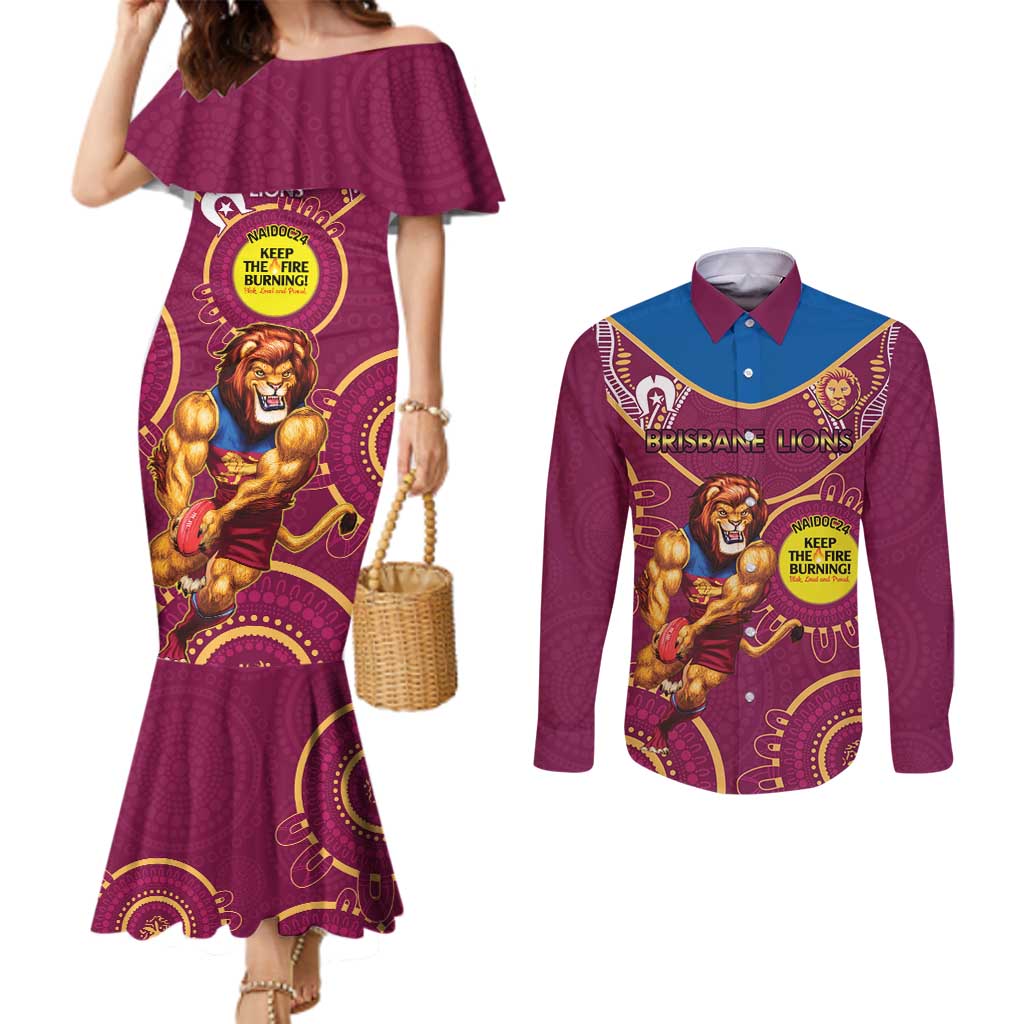 Custom AFL Brisbane Lions NAIDOC Week Couples Matching Mermaid Dress and Long Sleeve Button Shirt Keep The Fire Burning Indigenous Art