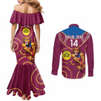Custom AFL Brisbane Lions NAIDOC Week Couples Matching Mermaid Dress and Long Sleeve Button Shirt Keep The Fire Burning Indigenous Art