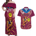 Custom AFL Brisbane Lions NAIDOC Week Couples Matching Off Shoulder Maxi Dress and Hawaiian Shirt Keep The Fire Burning Indigenous Art