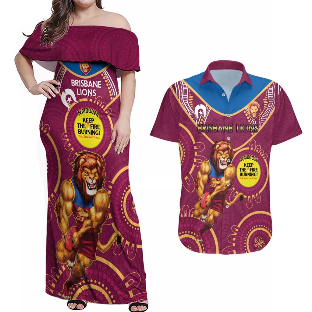 Custom AFL Brisbane Lions NAIDOC Week Couples Matching Off Shoulder Maxi Dress and Hawaiian Shirt Keep The Fire Burning Indigenous Art